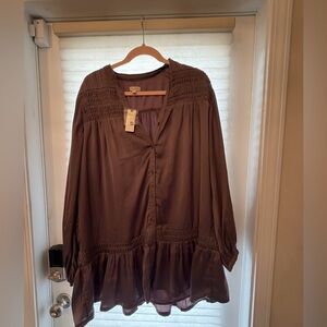 Pilcro Taupe Button-Front Smocked Yoke Mini Dress